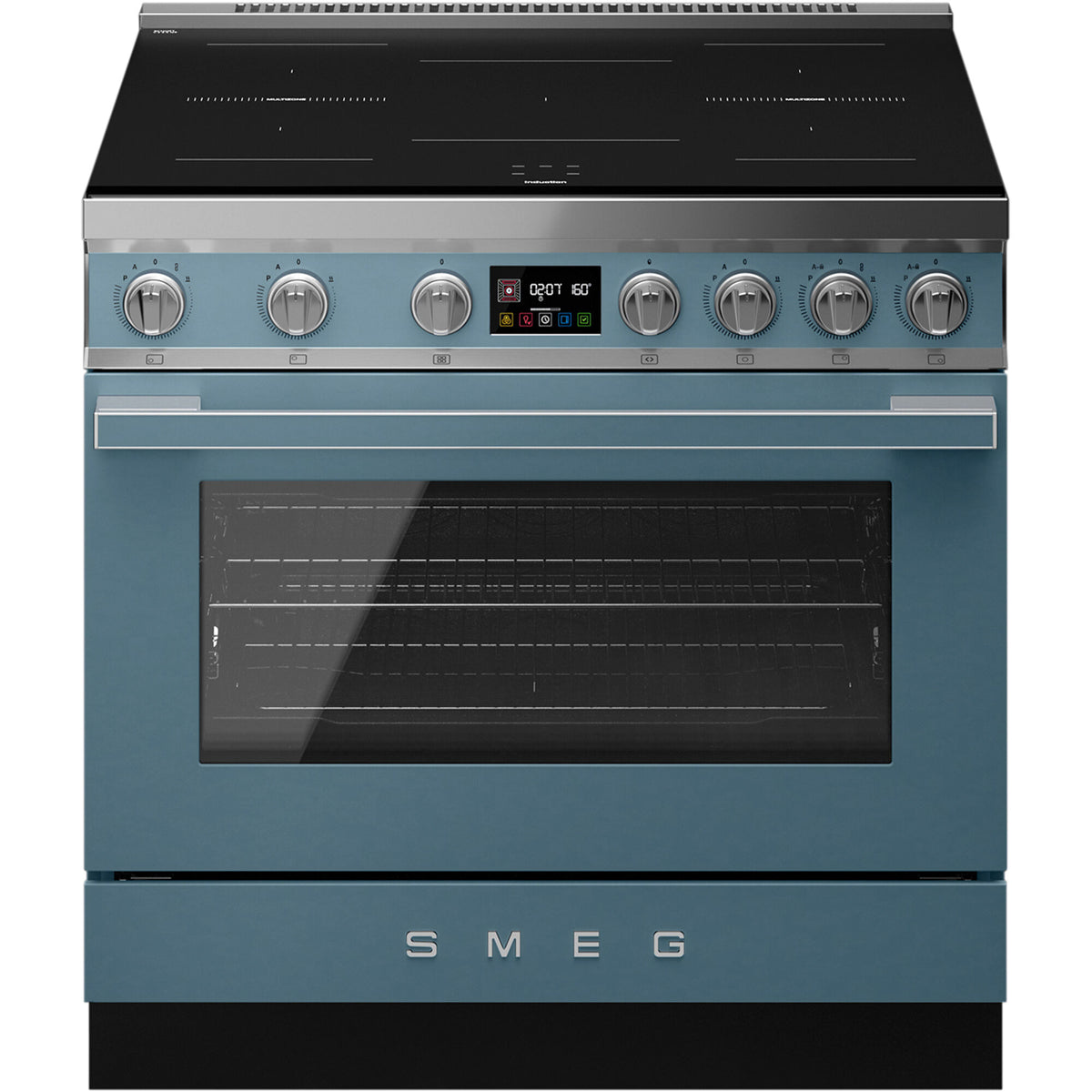 Smeg Portofino CPF9011PSB2 induktionskomfur med ovn i farven storm blue, 90 cm bredt