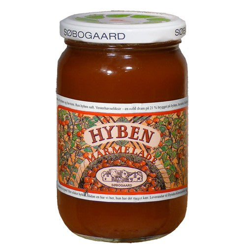 Glas med økologisk hybenmarmelade, 400 gram, fra Søbogaard