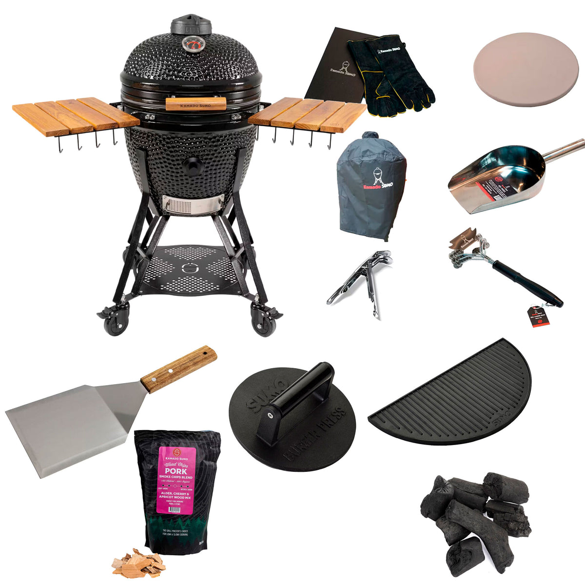 Sort Kamado sumo Classic Large Gen 2 kamadogrill i keramik sammen med stor grillpakke