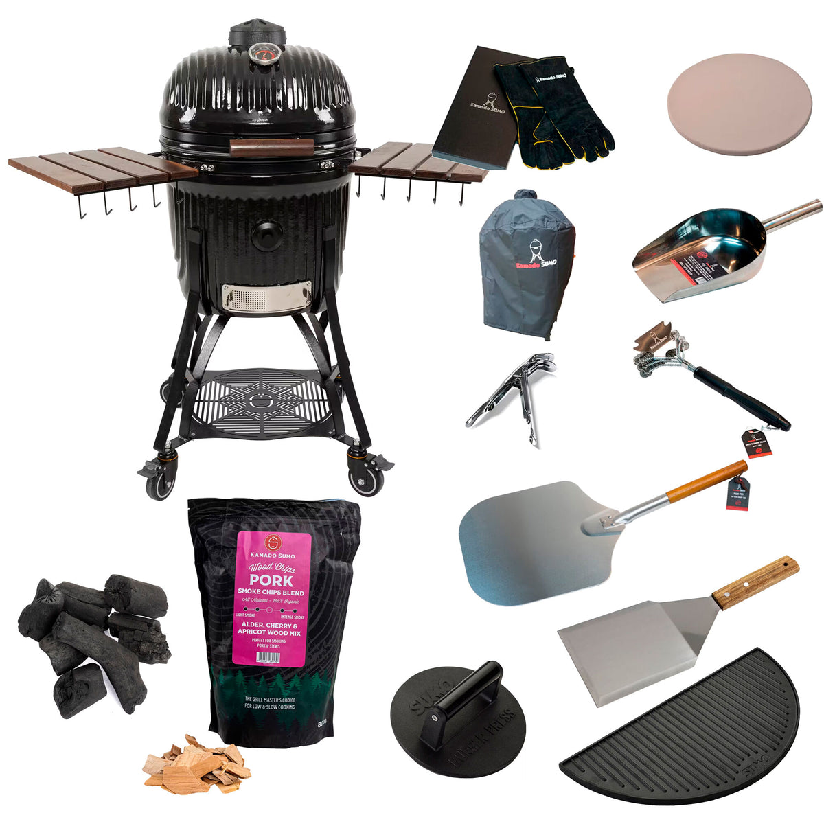 Sort Kamado Sumo Icon Large kamadogrill med mørke teaktræsdetaljer og grillpakke