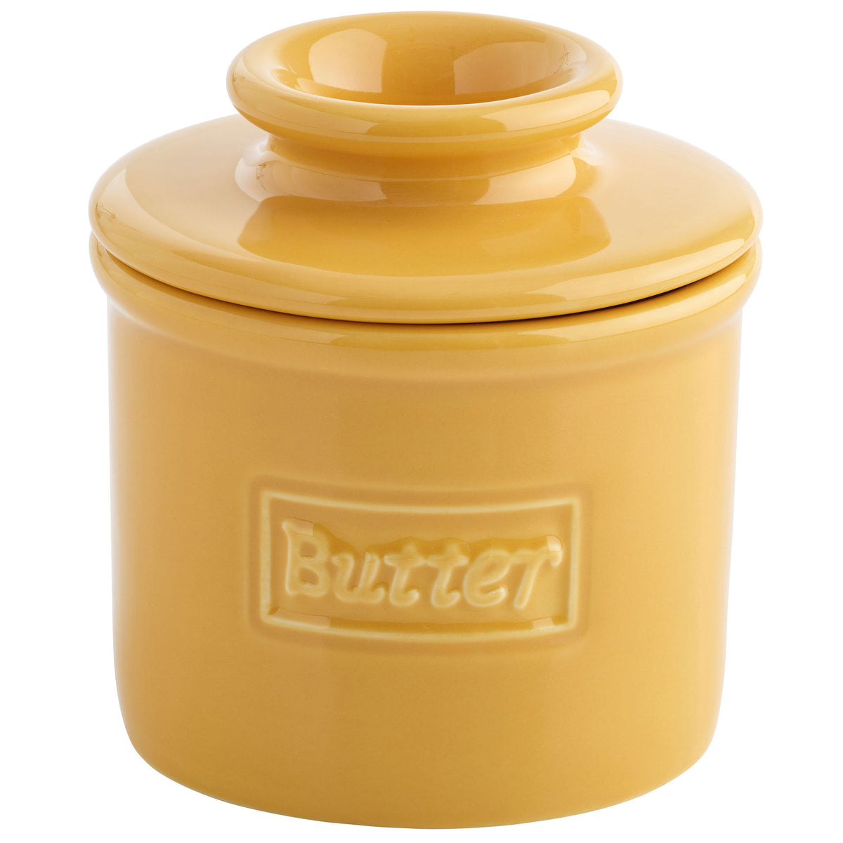 Butterbell Retro Café smørklokke i gul Golden Yellow med præget emblem på forsiden