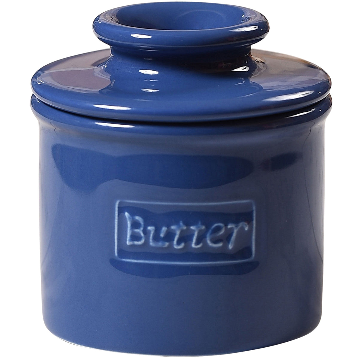 Butter Bell Retro Café smørklokke i kongeblå Royal Blue med præget logo på forsiden
