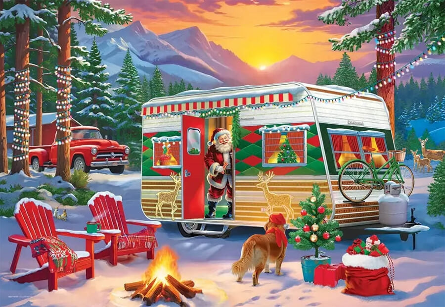 Eurographics Christmas Camping Trailer, julepuslespil med 550 brikker i tinæske