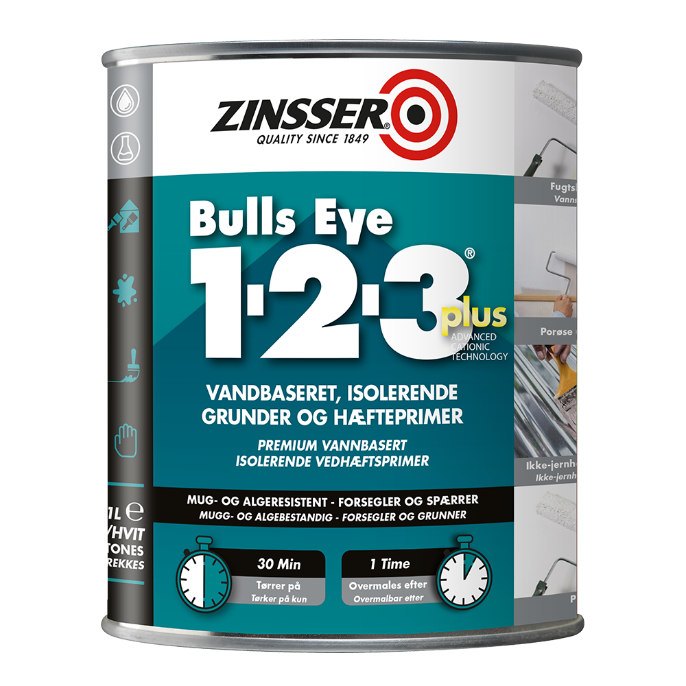Dåse Zinsser Bulls Eye 1-2-3 Plus Primer på 1 liter til grunding