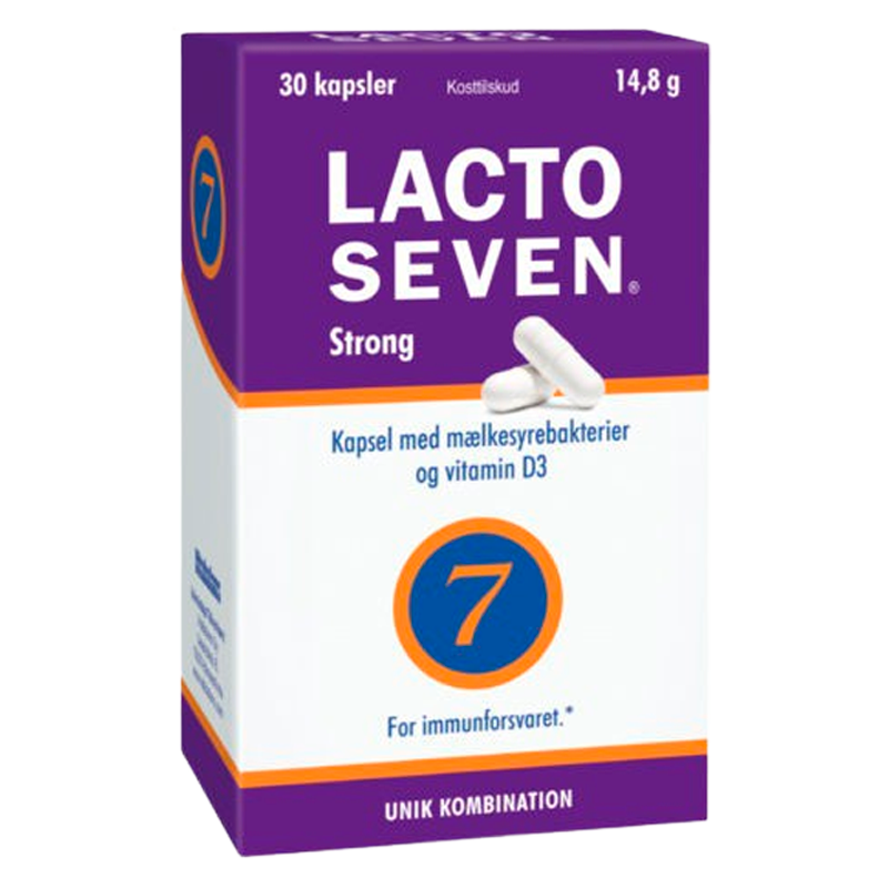 Pakke med LactoSeven Strong kosttilskud med mælkesyrebakterier og vitamin D, 30 kapsler