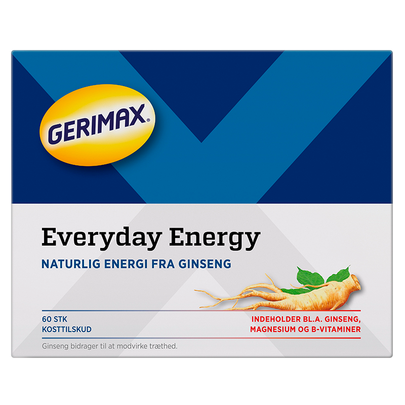 Pakke med Gerimax Daglig Energi kosttilskud, 60 tabletter med ginseng og vitaminer