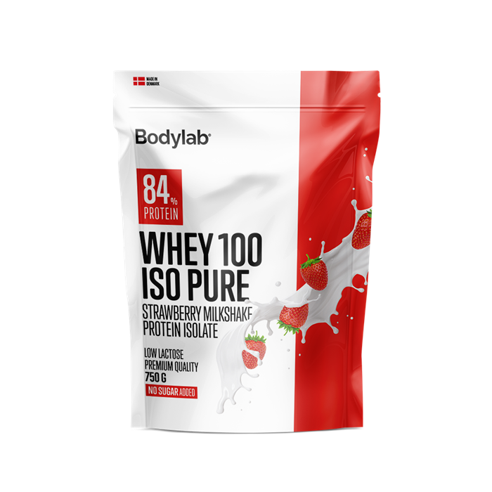 Bodylab Whey 100 ISO Pure proteinpulver med jordbærsmag, pakning med 750 g