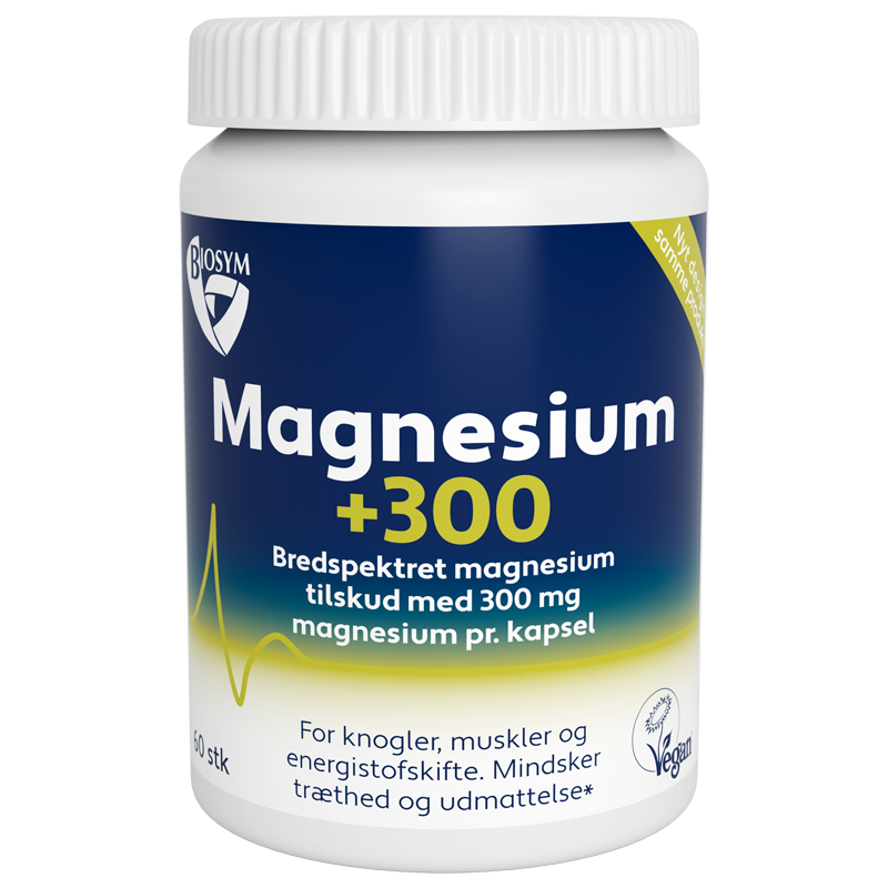 Biosym Magnesium +300 vegansk kosttilskud, pakning med 60 kapsler