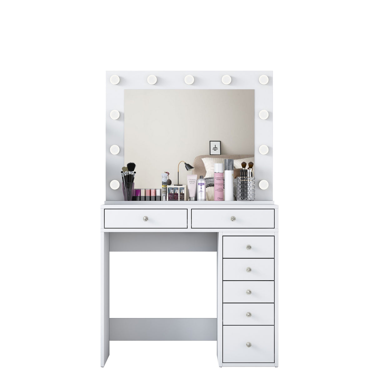 Se NORDVÄRK BJ115 2781 makeup bord, m. spejl, 11 lyspærer og 7 skuffer - hvid melamin (90x44,5) ❤ Kæmpe udvalg i NORDVÄRK - Køb online på udsalg og tilbud lige nu ❤ Meget billig fragt og hurtig levering: 1 - 2 hverdage - Varenummer: Boboonline-122139 og barcode / Ean: 8684282480723 på lager - Udsalg på Møbler,Borde,Makeup borde,
Møbler,
Borde,
Makeupborde med spejl,
Soveværelse Spar op til 51% - Over 785 kendte brands på udsalg