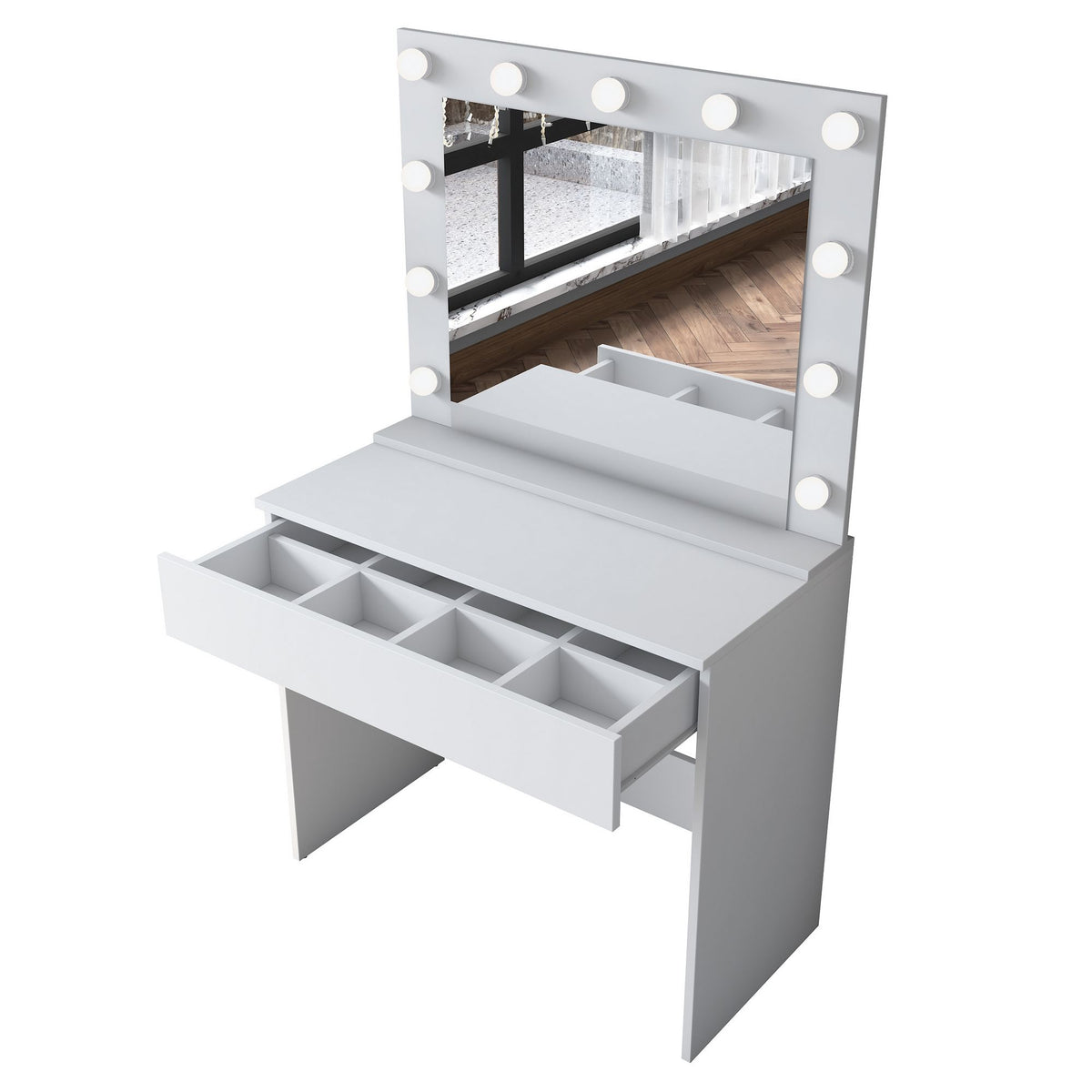 Se NORDVÄRK BJ120 2916 makeup bord, m. spejl, 11 lyspærer og 1 skuffe - hvid melamin (90x45) ❤ Kæmpe udvalg i NORDVÄRK - Køb online på udsalg og tilbud lige nu ❤ Meget billig fragt og hurtig levering: 1 - 2 hverdage - Varenummer: Boboonline-122133 og barcode / Ean: 8684282480761 på lager - Udsalg på Møbler,Borde,Makeup borde,
Møbler,
Borde,
Makeupborde med spejl,
Soveværelse Spar op til 51% - Over 785 kendte brands på udsalg