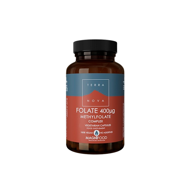 Glas med Terranova Folate Methylfolate 400 µg kapsler, 50 stk.