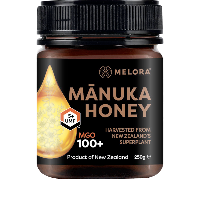 Glas med Melora Manuka Honey 100+ MGO, 250 g honning fra New Zealand