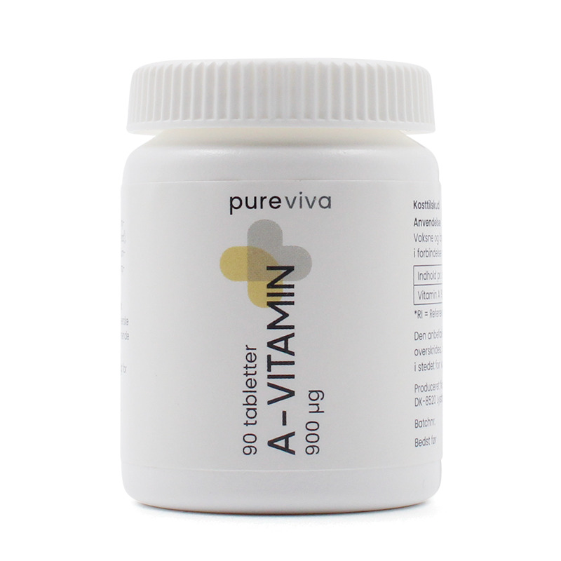Pureviva A-vitamin 900 µg kosttilskud, pakke med 90 tabletter