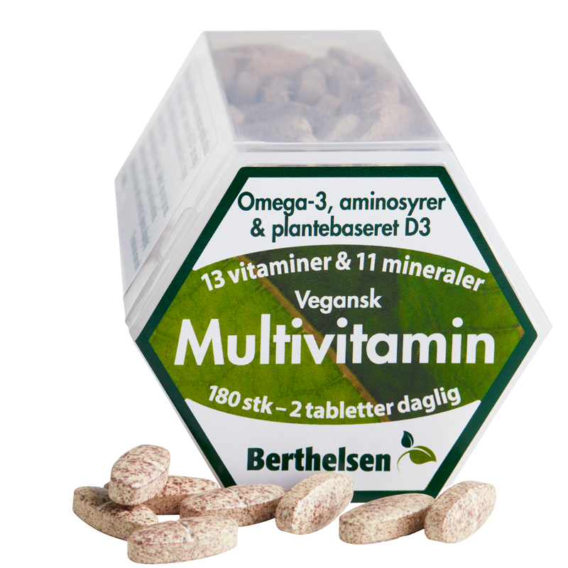 Glas med Berthelsen Vegansk Multivitamin kosttilskud, 180 tabletter