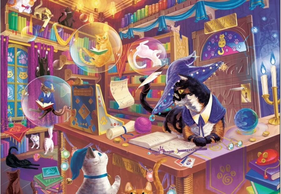 Bluebird Wizard Cat Bookshop puslespil med 1000 brikker
