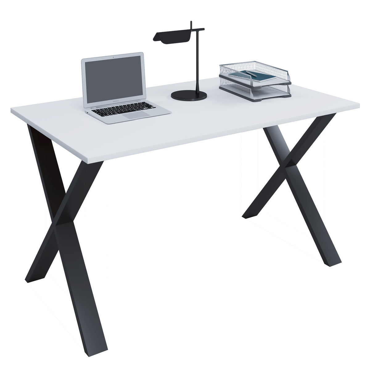 VCM Nordic Lona X-feet skrivebord i hvidt træ og sort metal, 140x80 cm