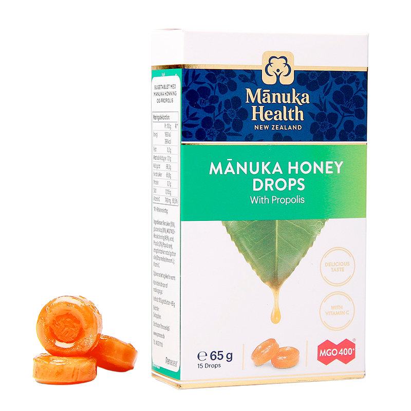 Pakning med Manuka Health MGO 400+ Manuka Honey Drops Propolis, 15 sugetabletter