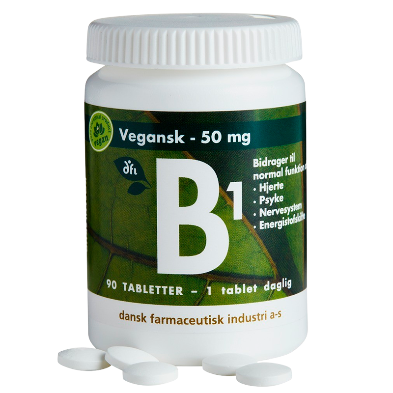 Glas med Grønne Vitaminer B1 50 mg veganske tabletter, 90 stk.