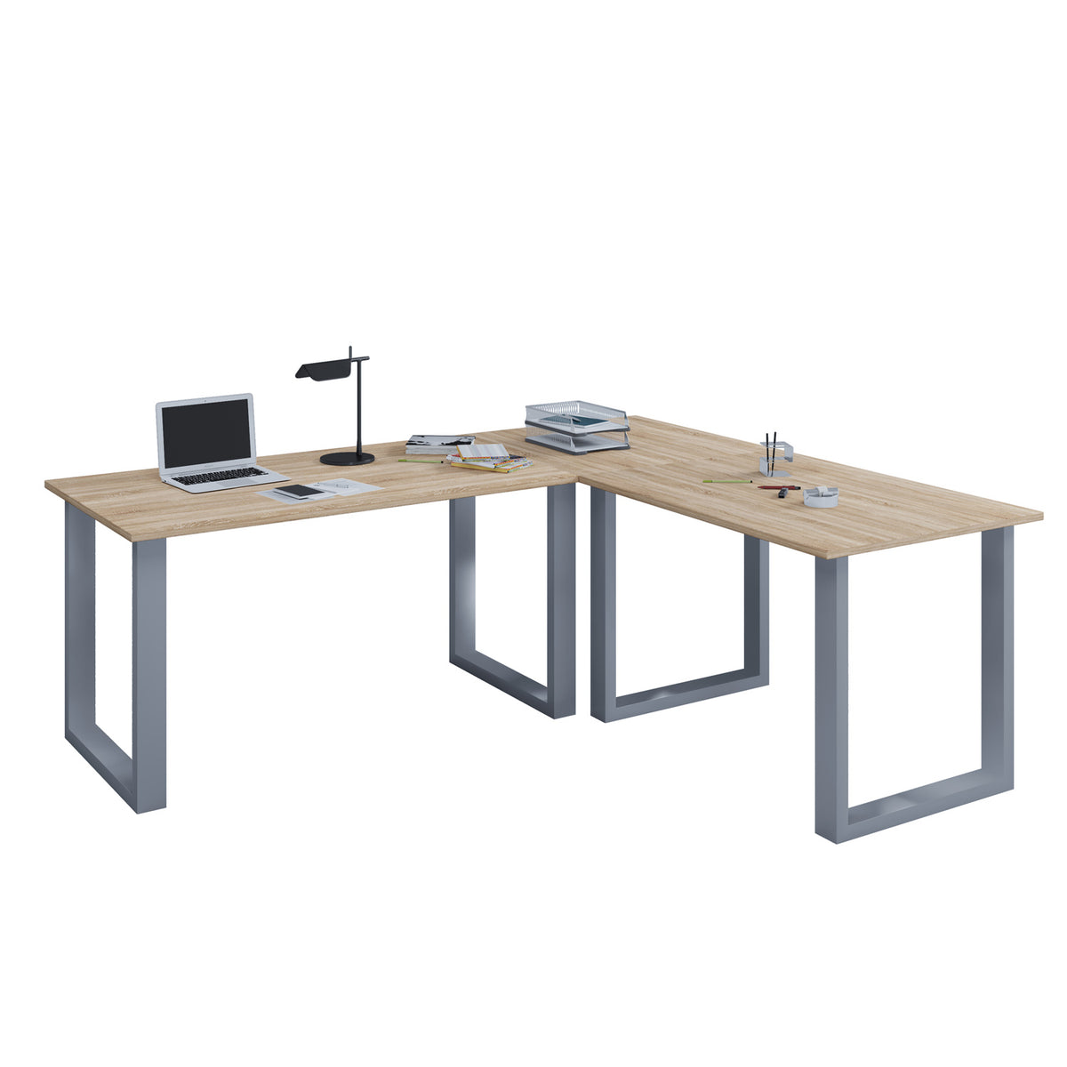VCM Nordic Lona U-feet hjørneskrivebord i natur træ og sølvgrå metal, 220x190x80