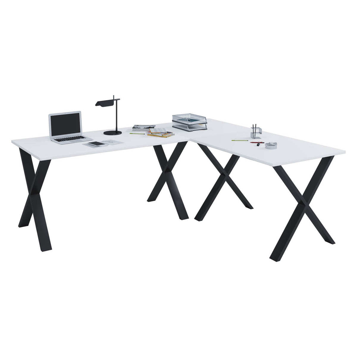 VCM Nordic Lona X-feet hjørneskrivebord i hvid træ og sort metal, 160 x 160 x 80 cm