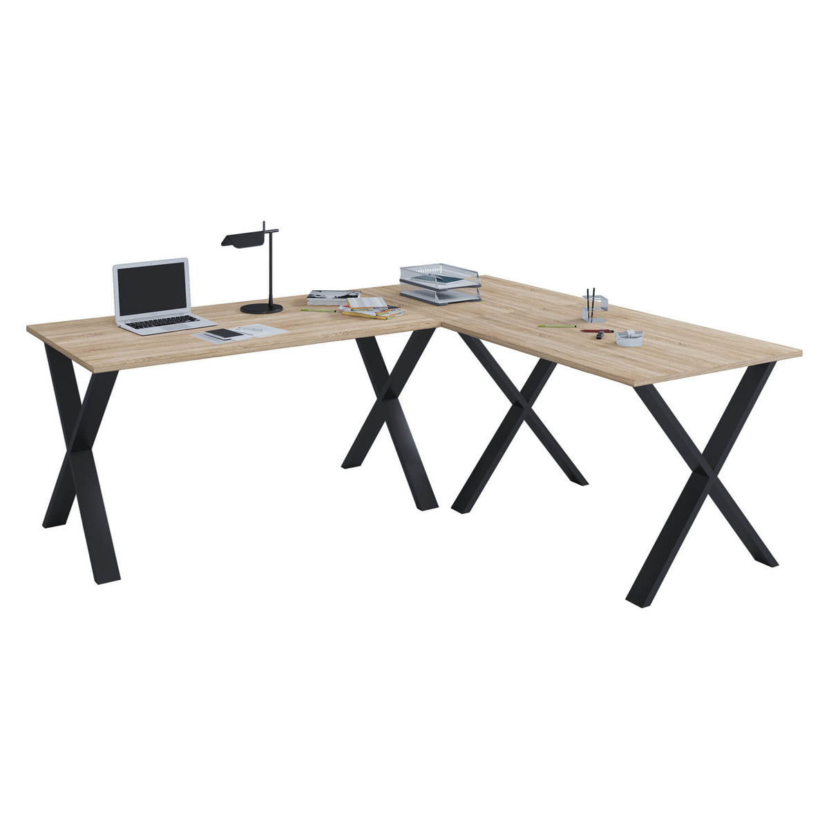 VCM Nordic Lona X-feet hjørneskrivebord med træ i naturfarve og sort metal, 220x160