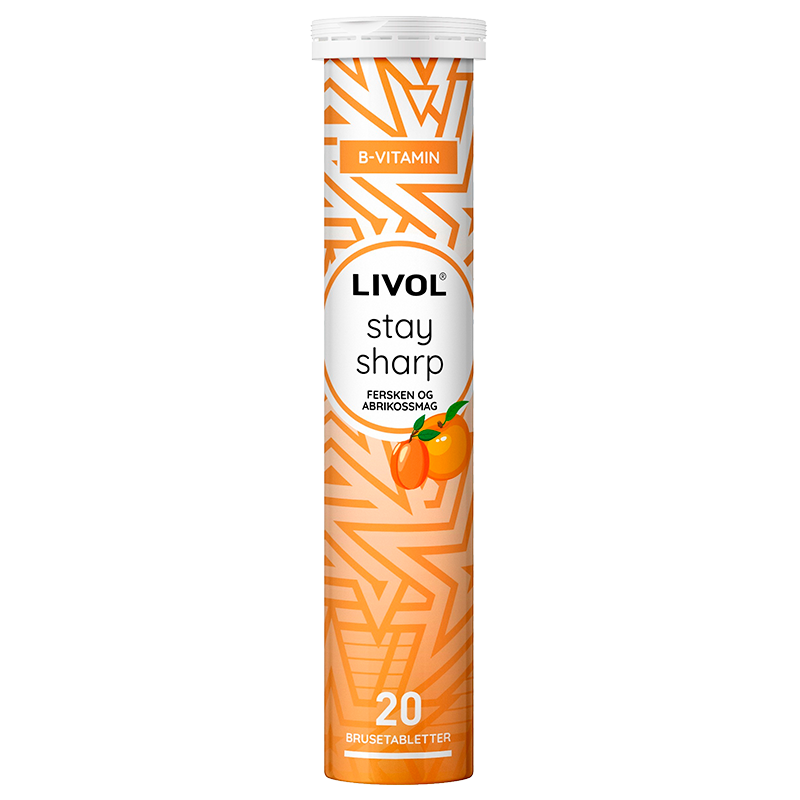 Rør med Livol Stay Sharp brusetabletter med B-vitaminer og smag af fersken og abrikos
