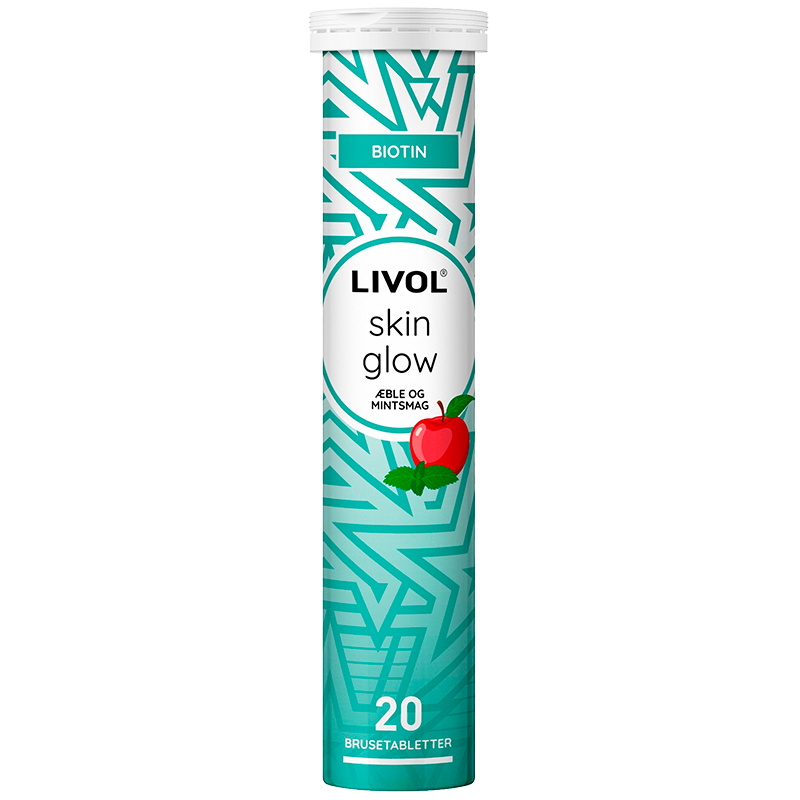 Pakning med Livol Skin Glow brusetabletter, 20 stk, med smag af æble og mint