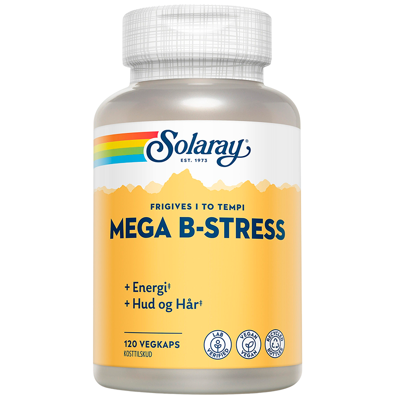 Glas med Solaray Mega B-Stress kosttilskud med B-vitaminer, 120 kapsler