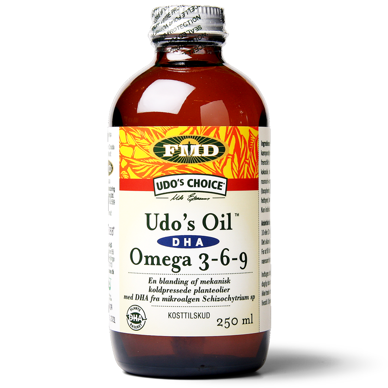 Flaske med Udo's Choice DHA/EPA Oil Blend, flydende kosttilskud på 250 ml
