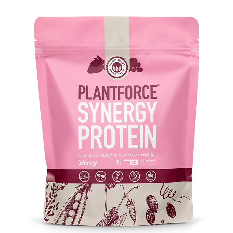 Pose med Plantforce Synergy Protein Bær, plantebaseret proteinpulver, 400 g