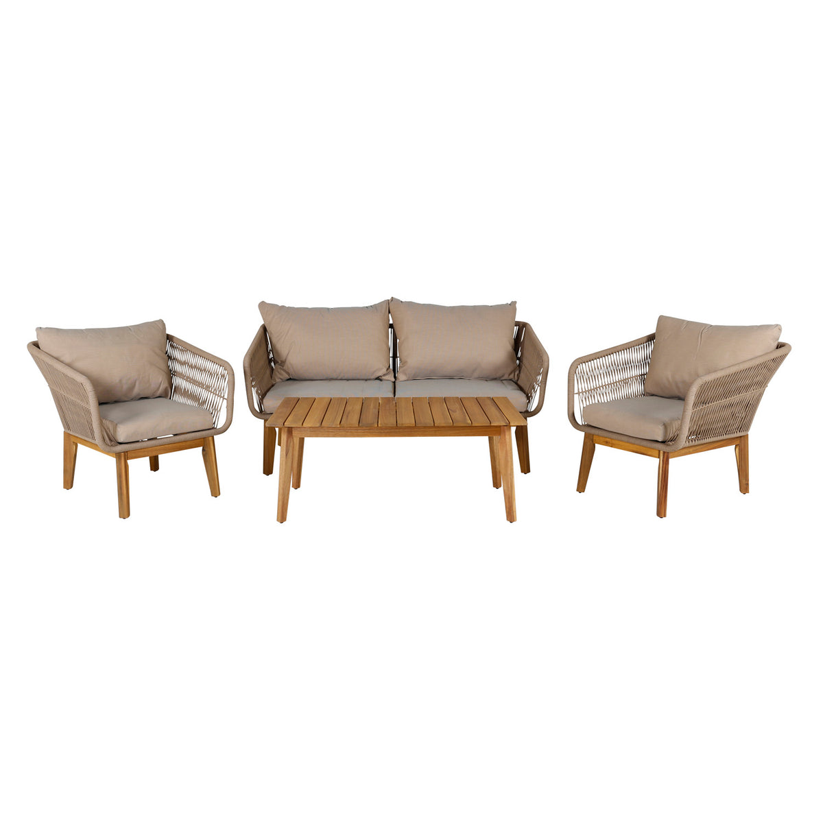 Venture Design Chania havesofasæt med beige hynder, beige reb og brunt akacietræ