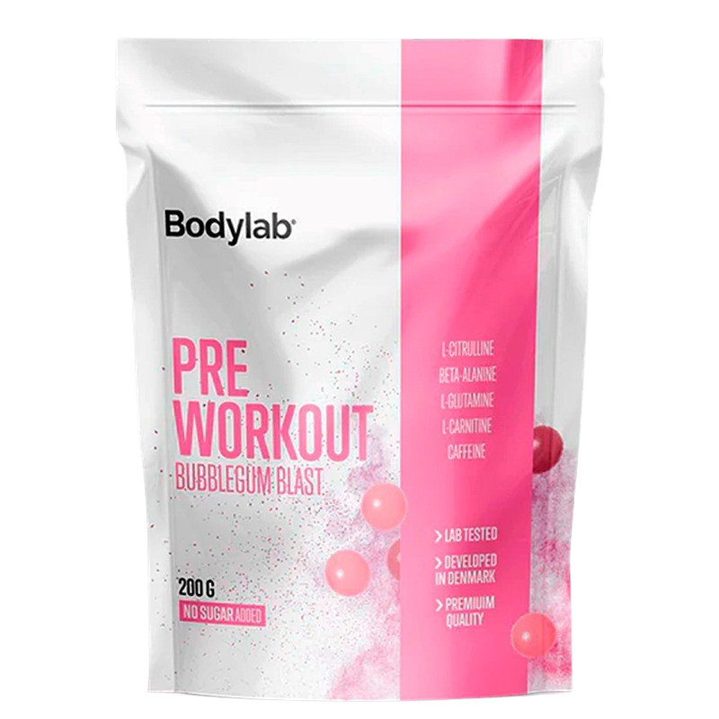 Dåse med Bodylab Preworkout pulver i smagen Bubblegum Blast, 200 g