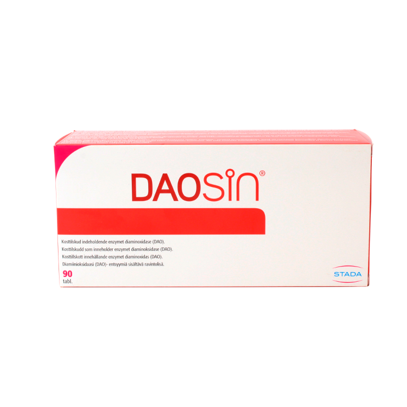 Æske med Daosin kosttilskud, 90 tabletter med diaminoxidase og C-vitamin