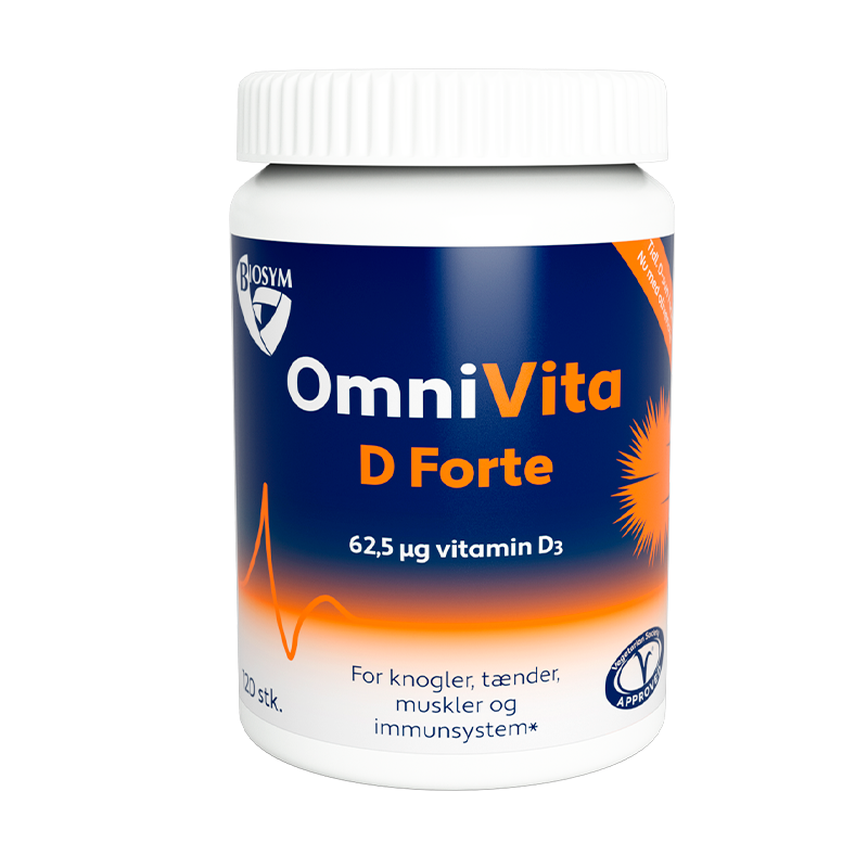Pakke med Biosym OmniVita D Forte kosttilskud med D3-vitamin, 120 kapsler