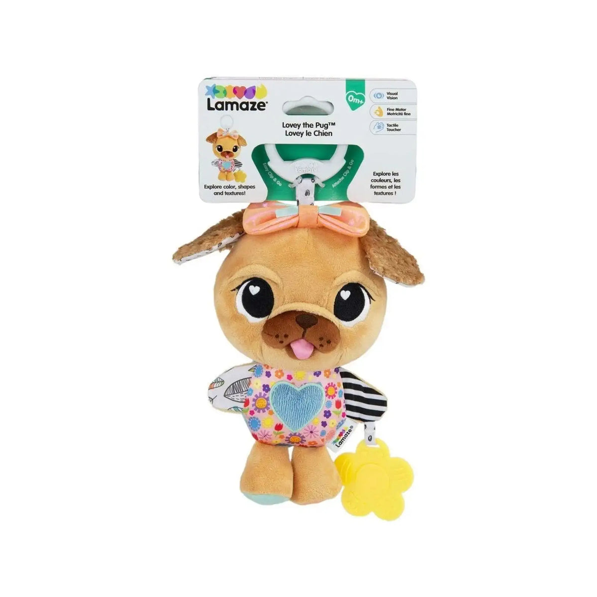 Lamaze Lovey The Pug, blød mops-bamse til babyer med Clip & Go