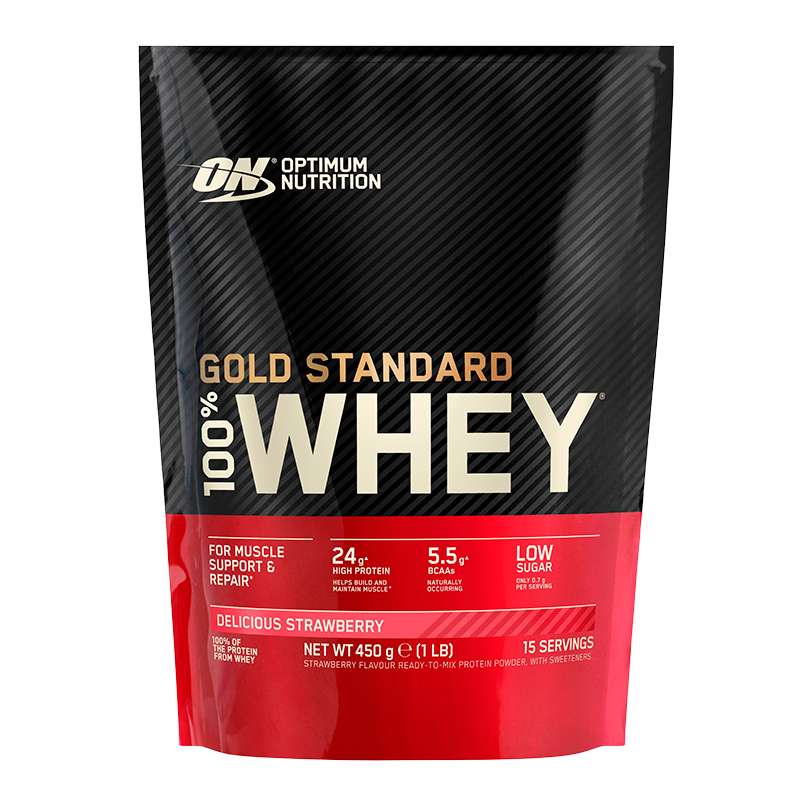 Pakning med Optimum Nutrition Gold Standard 100% Whey proteinpulver, Delicious Strawberry, 450 g