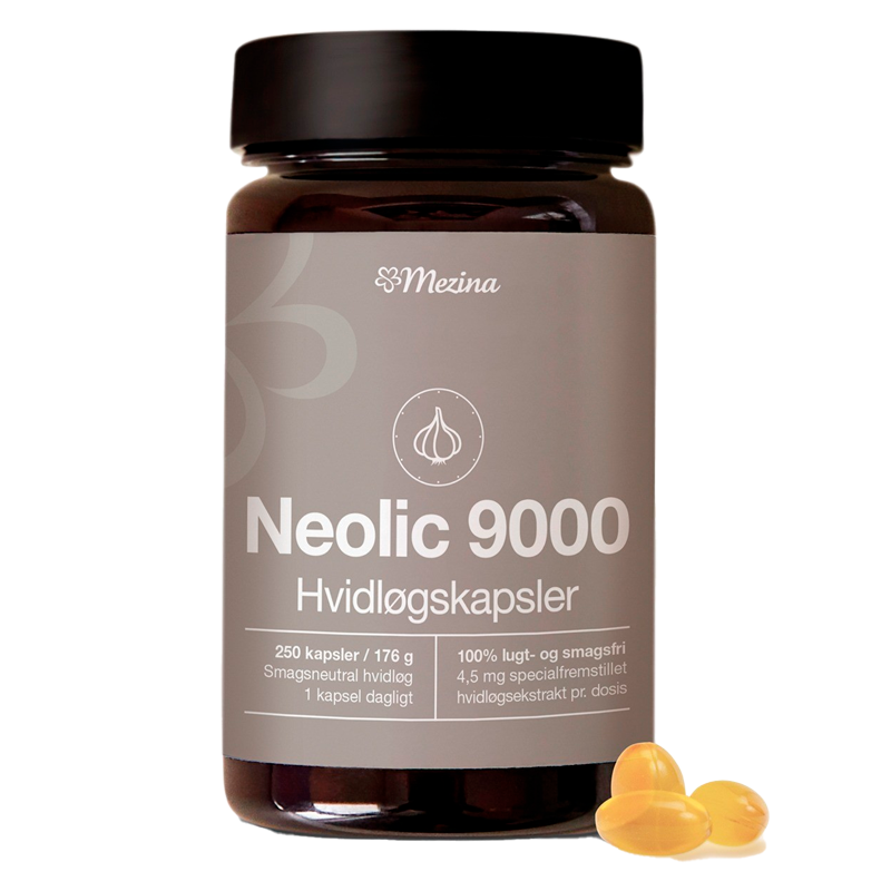 Pakke med Mezina Neolic 9000 hvidløgsekstrakt i kapsler, 250 kapsler