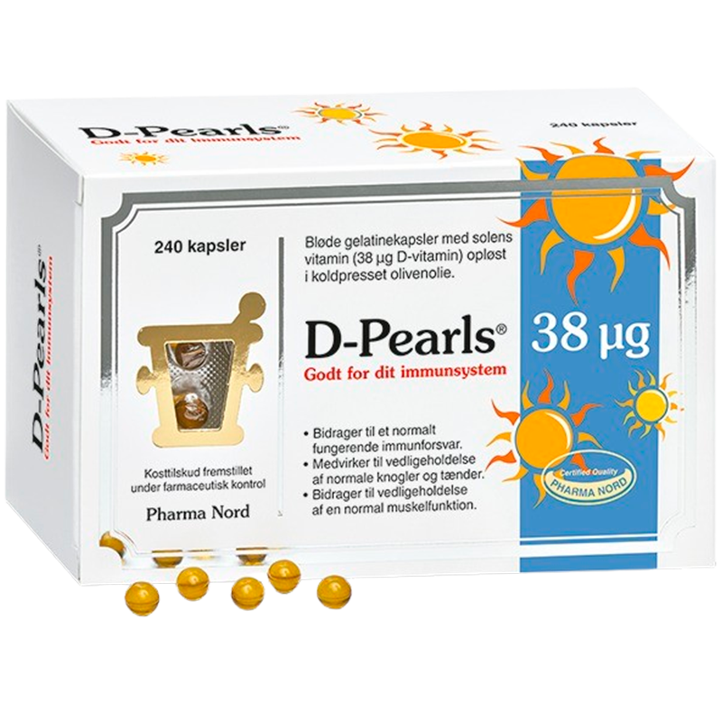 Pakke med Pharma Nord D-Pearls Stærk 38 µg D3-kapsler, 240 stk