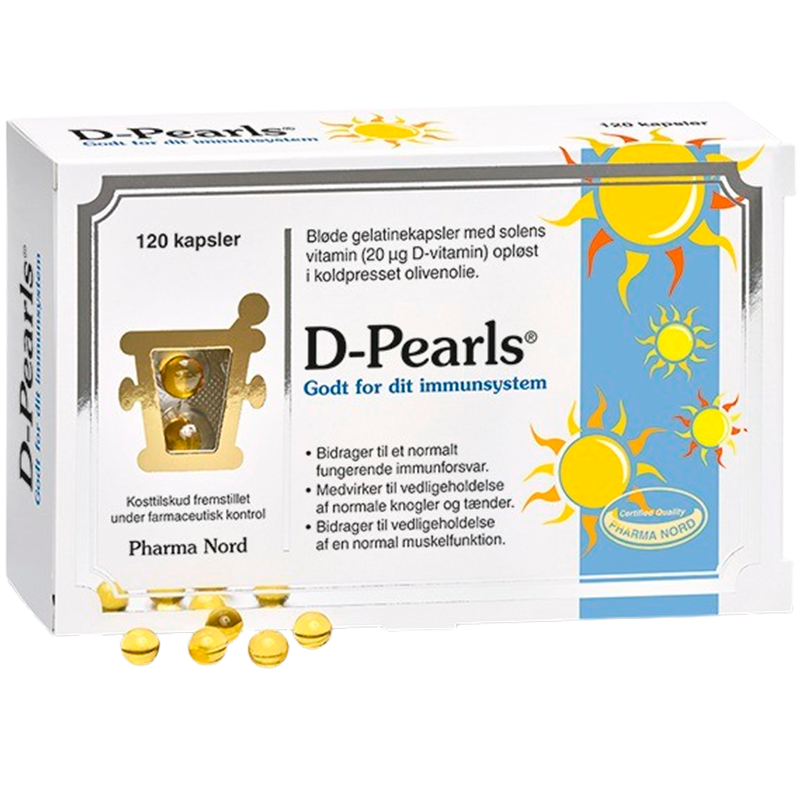 Pakke med Pharma Nord D-Pearls 20 µg D3-vitamin, 120 kapsler