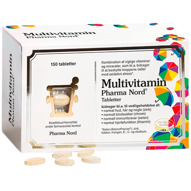 Glas med Pharma Nord Multivitamin kosttilskud, 150 tabletter