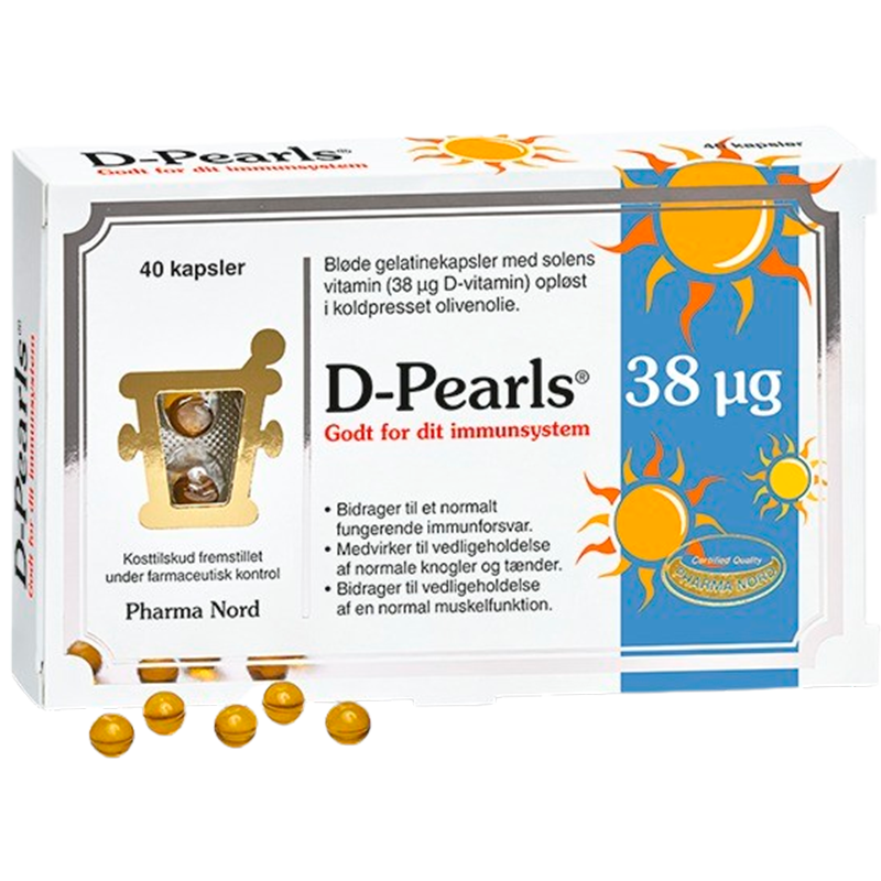 Pharma Nord D-Pearls 38 µg D3-vitamin i pakning med 40 små kapsler