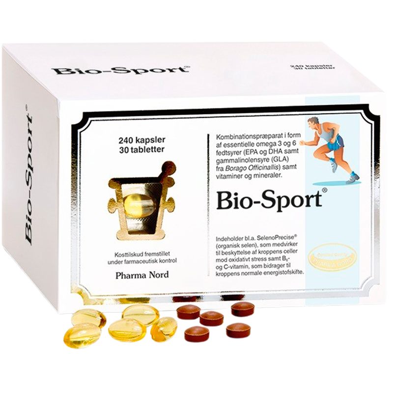 Pakning med Pharma Nord Bio-Sport kosttilskud, 240 kapsler og 30 tabletter