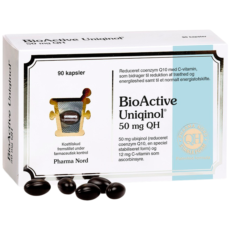Glas med Pharma Nord BioActive Uniqinol 50 mg kosttilskud, 90 kapsler