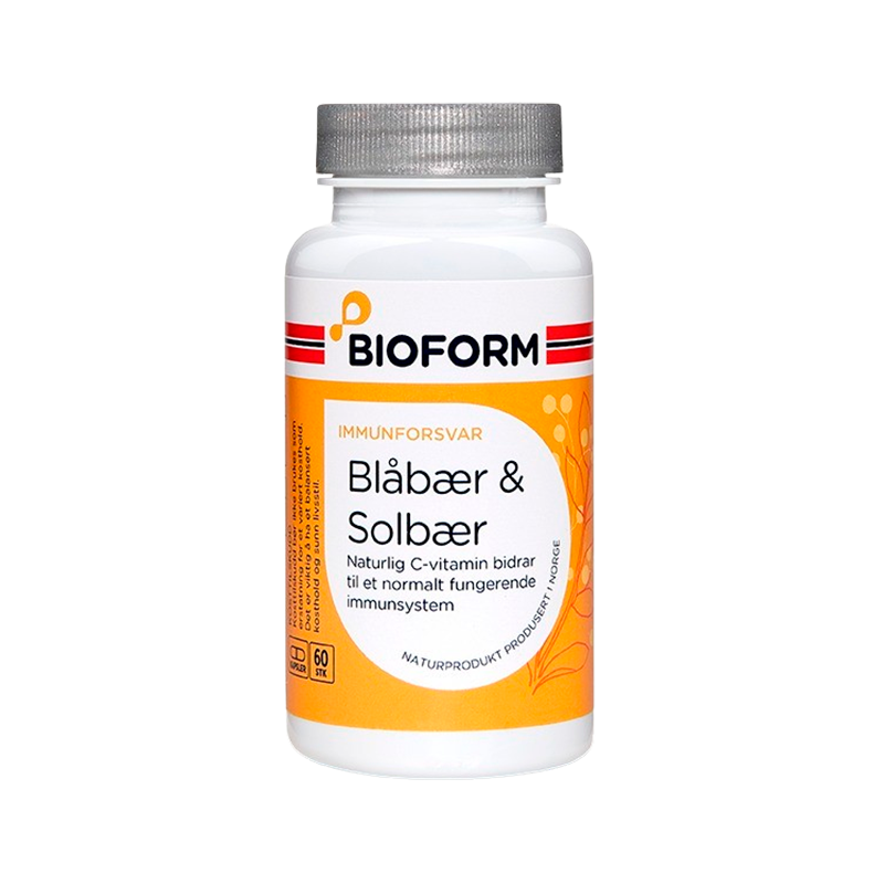 Pakke med Bioform Blåbær & Solbær urtekosttilskud, 60 kapsler