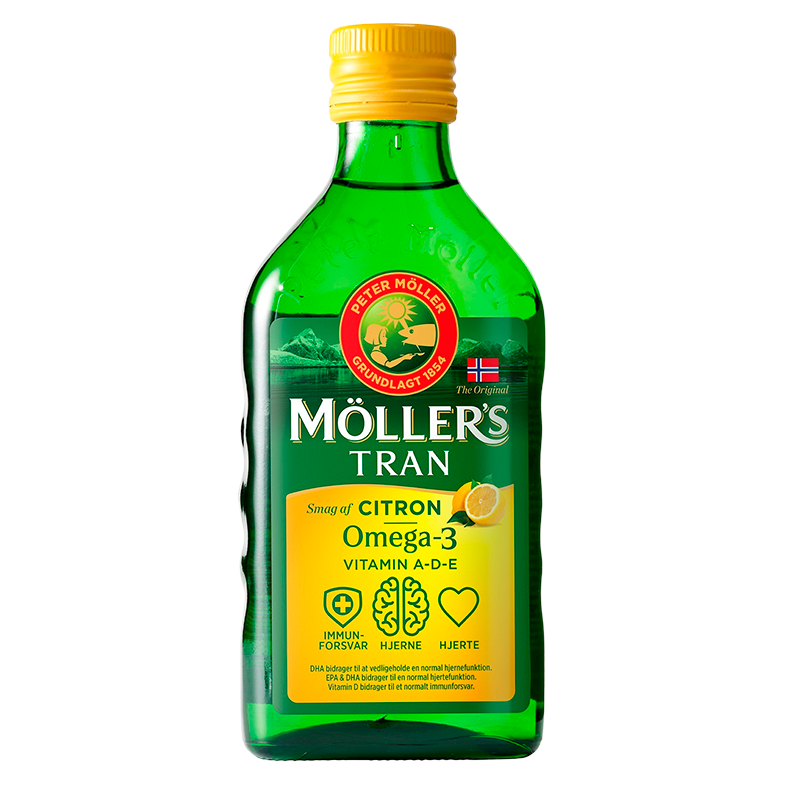 Flaske med Møllers Tran med citrussmag, fiskeolie i 250 ml