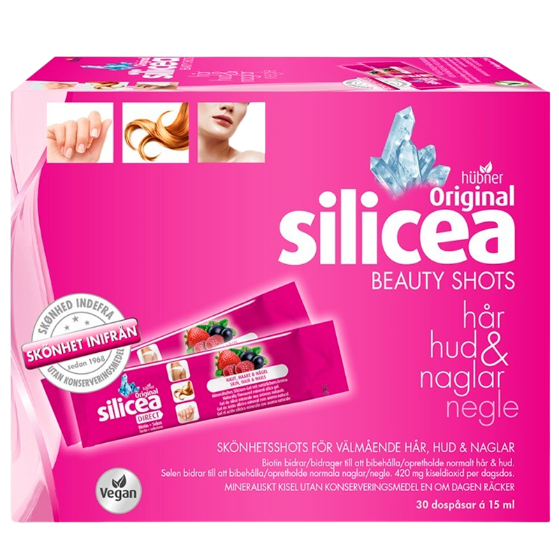 Pakke med Hübner Silicea Beauty Shots, kosttilskud i portionsposer, 450 ml