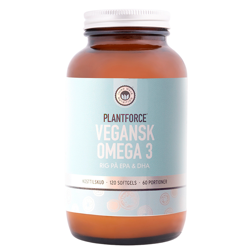 Glas med Plantforce vegansk Omega 3 med EPA og DHA, 120 softgels