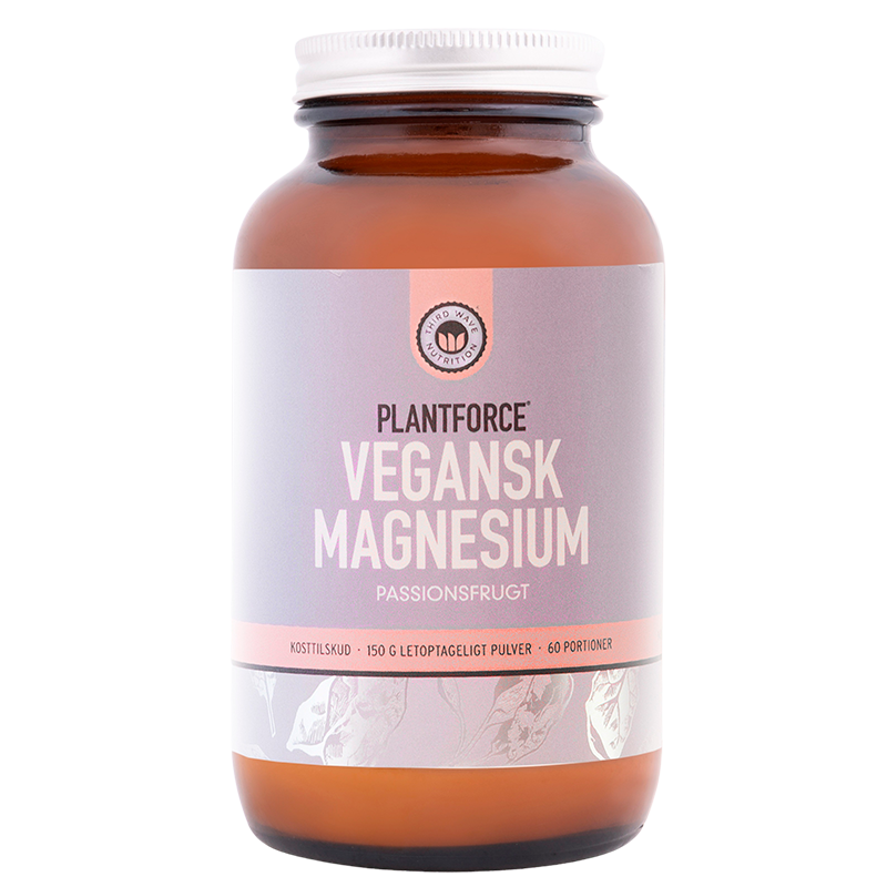 Beholder med Planteforce Vegansk Magnesium Passionsfrugt, pulver 150 g
