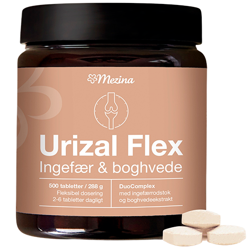 Mezina Urizal Ingefær Flex kosttilskud, glas med 500 tabletter