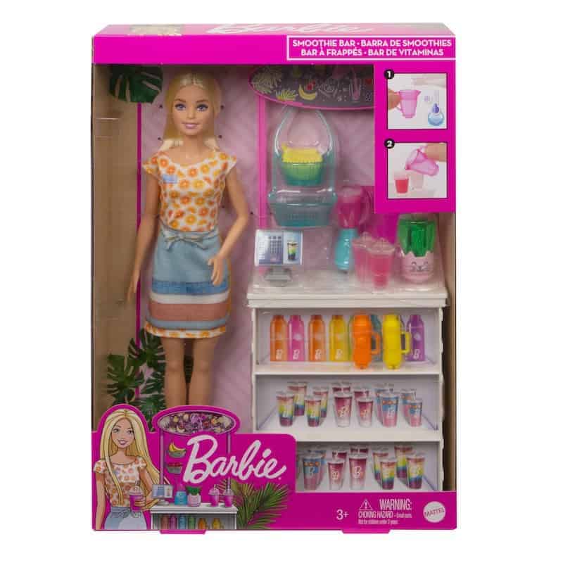 Barbie Smoothie Bar legesæt med Barbie-dukke i forklæde og kjole med frugter